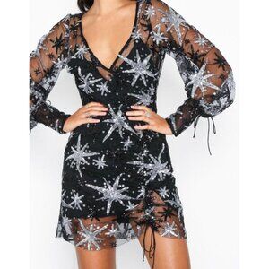 For Love and Lemons Stardust Mini Dress - Sheer with Silver & Black Sequins
